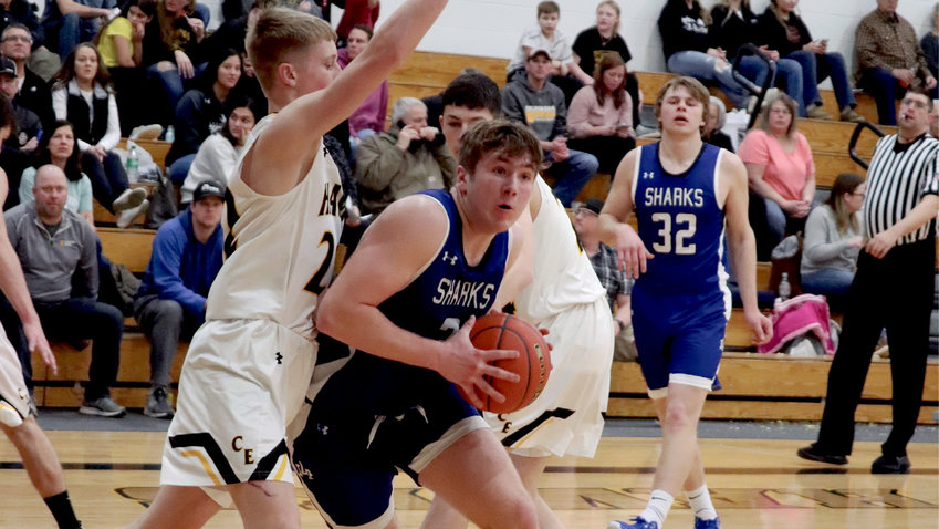 Sharks&rsquo; Logan Peskey (3) drives to the hoop.