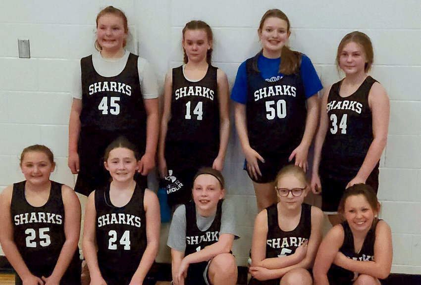The Iroquois/Lake Preston 5th and 6th grade girls competed in the Oahe Hoopla in Pierre on Feb 18.  There were 58 girls and boys teams in Grades 3rd -6th.  The Sharks finished the tournament 1-2 in their division to earn 6th place. They played against competition they had never seen before, traveling teams and AA schools. Pictured are Bentlee Holt, back left, Khloe Olson, Kinley Root, Allie Curd, front left  Ali Rowcliffe,  Madelyn Cundy, Emma Carlson, Kassidy Hesse and Arianna Bakke.  Girls were coached by Melanie Olson, Corrie Walter and Jill Cundy.