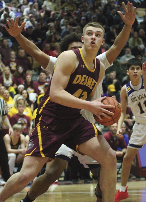 De Smet's towering 6-foot-10 senior Damon Wilkinson powered the Bulldogs all season and all tournament, playing a key role in all three Bulldog State B championships in 2021, 2022 and 2023.