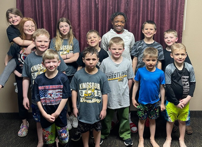 Twenty-six Kingsbury Knights Amateur Athletic Union (AAU) wrestlers competed at the state tournament in Aberdeen, S.D., on March 24-26, with 13 placing in first through eighth place. Aubree DeJong (second), back row, Jaylynn Johnson (fifth), Addie DeJong, Weston Eichler, Rogan Albrecht (third), Michael Dylla, Hayes Marone; Tripp Langland, front row, Logan Grubb, Seager Jacobsen (eighth), Huxley McCloud, Lucas Josephsen (fourth) and John VanOverbeke (sixth).   Not pictured: Caden Singrey, Cody Zell (fourth), Owen Anderson, Juan Gutierrez, Chase Henricksen (fourth), Blake Jennings, Greyson Nielson (second), Sutton Murphy, Donovan Sandven, Breyten Johnson (fourth), Gannon Gilligan (first), Lane Jensen (fifth) and Connor Johnson (third).