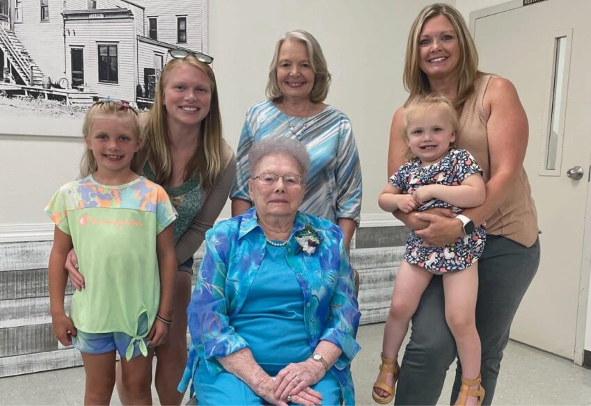 Peggy Jensen, middle, celebrated her 100th birthday on Tuesday. She had a party with her family on Sunday to celebrate. Peggy&rsquo;s daughter Jean Eykamp, behind, granddaughter Jenny Vincent, right, great-granddaughter Lexi Miller, left, and great-great-granddaughters Jaelynn and Andaley make five generations celebrating!
