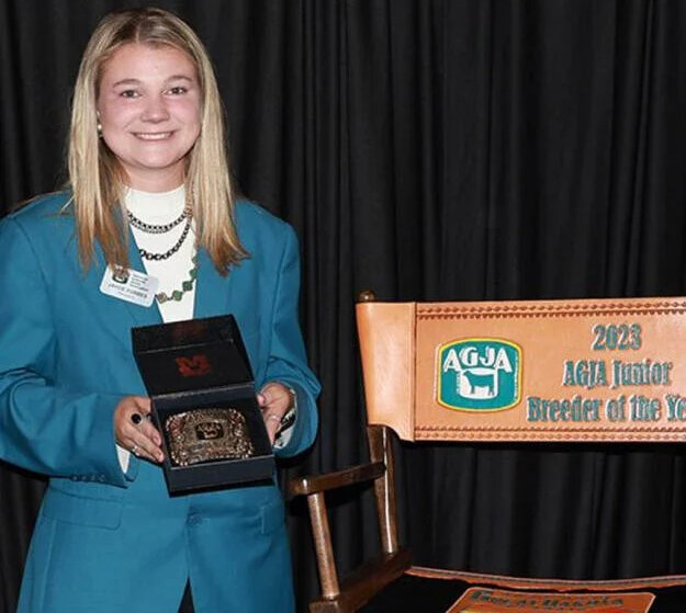 Jaycie Forbes, daughter of Troy and Pam Forbes, was named the 2023 American Gelbvieh Junior Association (AGJA) Junior Breeder of the Year.