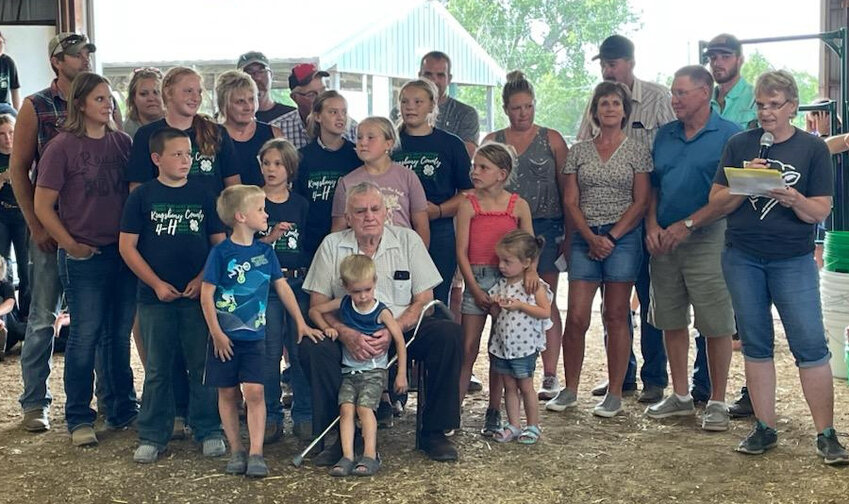 On Aug. 4 at Kingsbury County Achievement Days, Arnold and the late Carol Wienk received an award for their dedication to 4-H. They helped keep records and hand out ribbons for many, many years during the county fair. Arnold participated in Kingsbury County 4-H when he was younger. All five of Arnold and Carol's daughters exhibited at Achievement Days as did nine of their grandchildren and five of their great-grandchildren, with more coming up as they get old enough to join 4-H.