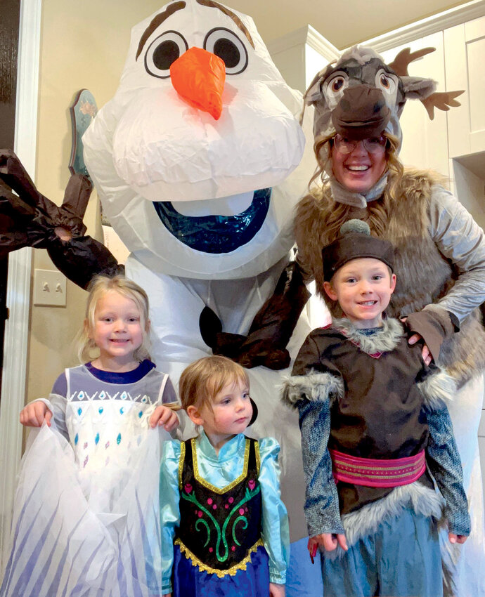 The Frozen Nelson Crew: Tyler Nelson as Olaf, Kaleigh as Sven the Reindeer, Adleigh as Elsa, River as Ana and Arrow as Kristoff
