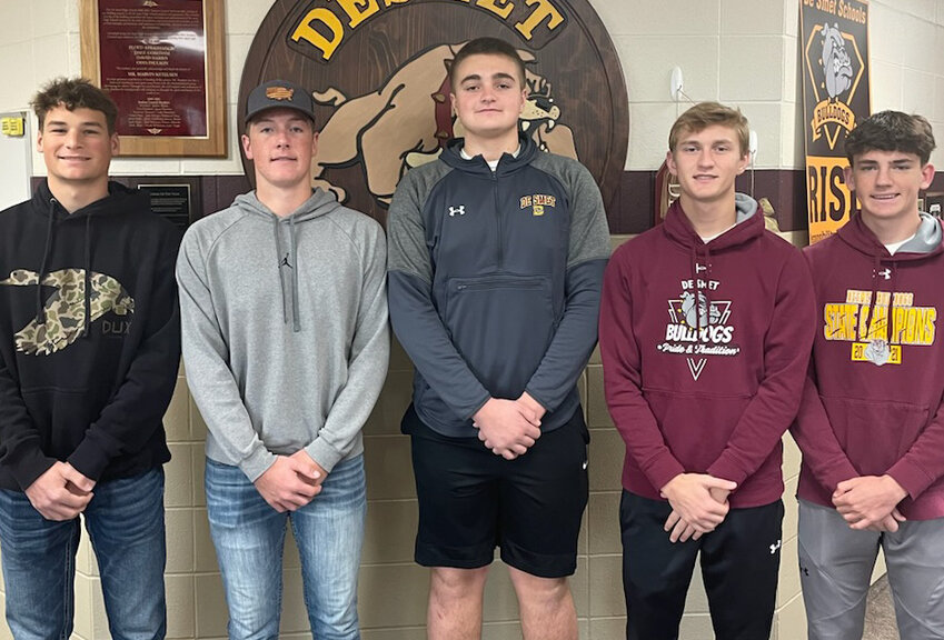 Five De Smet Bulldog football players were selected for All State awards this season: Britt Carlson (left) All State (defensive line), Trace Van Regenmorter All State (special teams), Grant Wilkinson All State honorable mention, Kadyn Fast All State (defensive back), and Tom Aughenbaugh All State (wide receiver). Carlson, Wilkinson, Fast and Aughenbaugh were recognized as DVC All Conference players. Van Regenmorter was All Conference honorable mention.