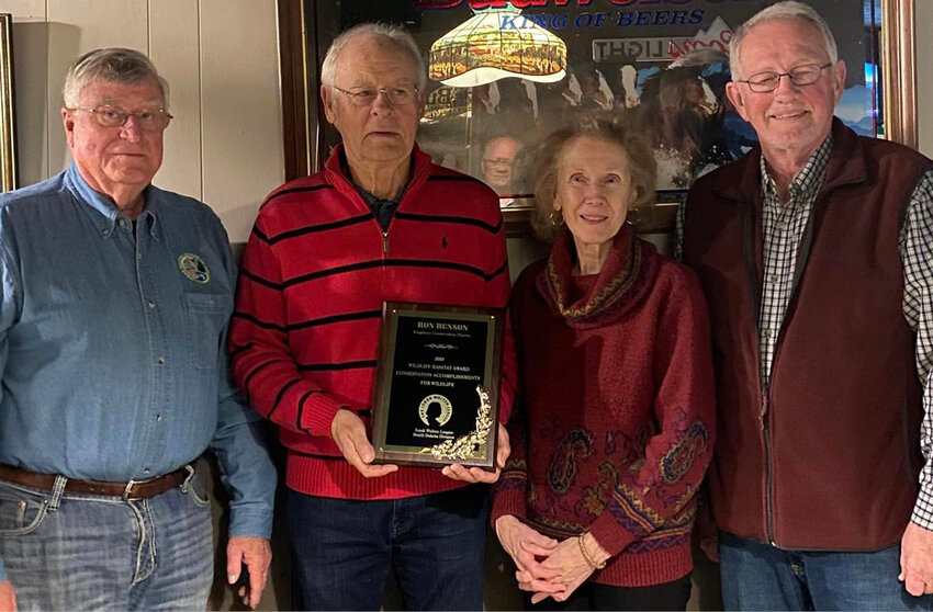 Ron Benson received a 2023 IWLA award in recognition of his conservation accomplishments. Pictured (left to right) Jim Madsen (SD IWLA committee member), Ron Benson, Judy Benson and Doug Alvin (SD IWLA committee chairman).