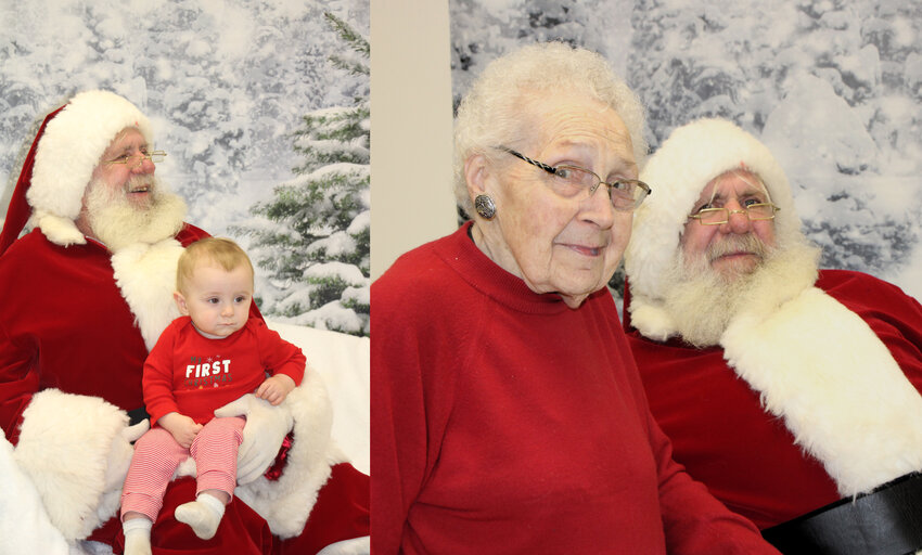The Carthage Loyal Ladies sponsored their annual Christmas party on  Dec. 16. Left: Santa with Briggs Hornig from De Smet, celebrating his first Christmas. Right: Santa with Carthage correspondent Lorelee Nelson.