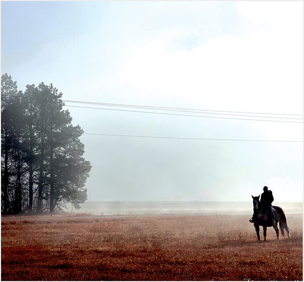 The foggy weather made a beautiful backdrop for Tabor Fawcett, daughter of Jamie Forbes, as she rode her horse.