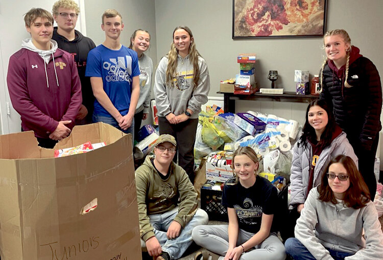 De Smet High School Student Council members held a drive for the De Smet Food Pantry in December and dropped off 1,236 items on Dec. 19. Students include Sam Gigov, back left, Connor Johnson, Chase Temme, Emily Jennings, Brooke Jennings, Alyssa Asleson; Gavin Temme, front left, Charli McCune, Calliana Fields and Sophia Barr.