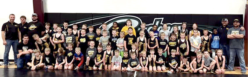 Kingsbury County Knights youth wrestlers from Iroquois, De Smet, Lake Preston and Arlington who participated at the district tournament in Clark on March 2.  Regions were held in Watertown on March 9, and state qualifiers will wrestle in Rapid City on March 15-17. Young grapplers are coached by Rustin Albrecht, Chris Gilligan, Chris St Sauver, Corey Arvidson, Casey Hanson and Shane McCloud.  Not pictured: Bryan Pietig, Ray Johnson and Vickie Giedd.