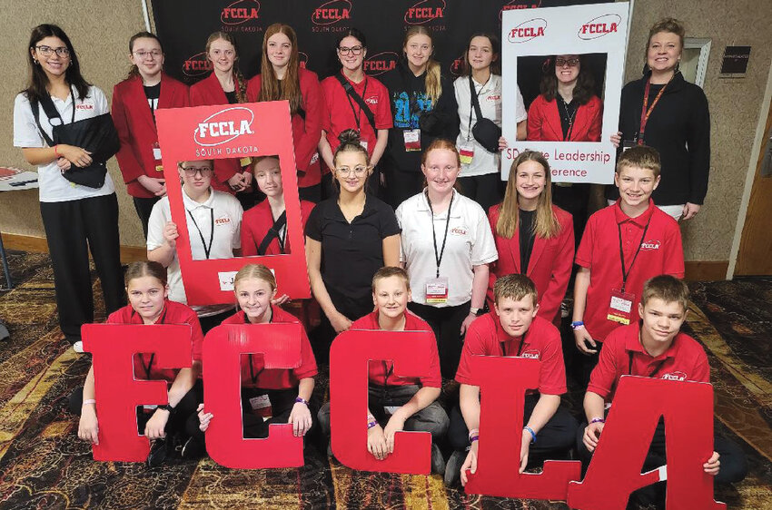 Attending the FCCLA State Conference in Sioux Falls were Calli Fields, back left, Lyla Schoenfelder, Remi Efraimson, Jaidynn Geidd, Kody Rowcliffe, Erica Johnson, Britney Coleman, Sophia Barr, Mrs. Palmlund; Jael Koistinen, middle left, Arabel Aughenbaugh, Brooklyn Coughlin, Cortney Smith, Adalyn Gross, Kashden Palmlund; Haizel Koistinen, front left, Kimber Efraimson, Dalton Coughlin, Kaden Koistinen and Rhys Hendrickson.