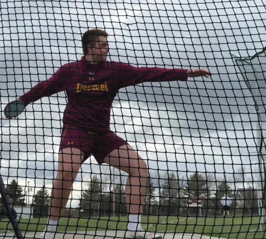 De Smet sophomore Grant Wilkinson lets the discus fly for a 140' 2&quot; PR on Tues., May 7 in De Smet.