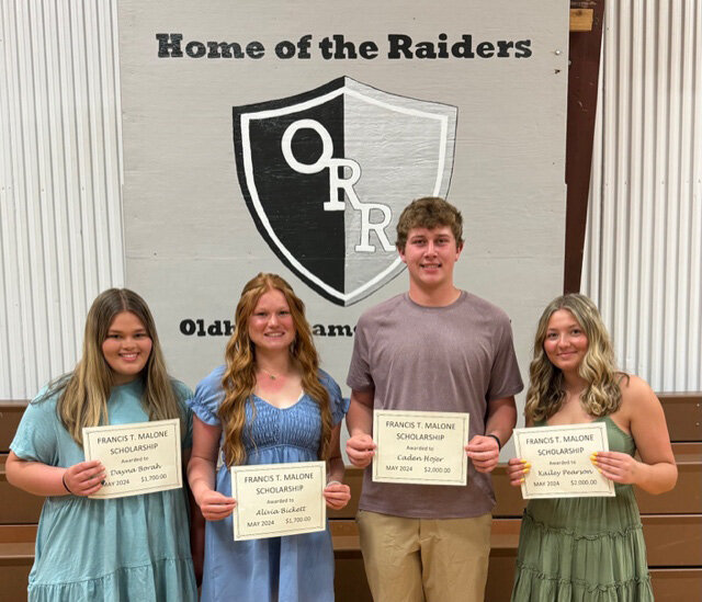 Dayna Borah, left, Alivia Bickett, Caden Hojer and Kailey Pearson each received a Malone Scholarship at the Oldham-Ramona Academic Awards Program held on May 13.