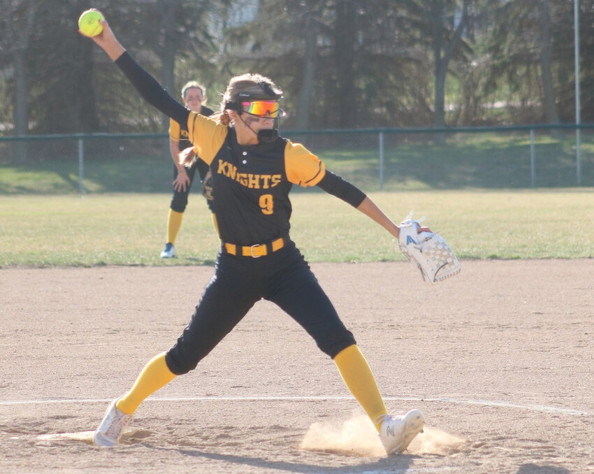 Trinity Pirlet pitches a strike during a Knights softball game.