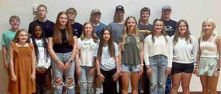 Pictured are Jo Botkin, back left, Noah Luethmers, Kaleb Johnson, Owen Anderson, Donovan Sandven, Chase Temme, Gabe Aughenbaugh; Cambria Gross, front left, Alaina Albrecht, Jaidynn Geidd, Arabel Aughenbaugh, Addy Schaeffer, Bella Wilkinson, Adalyn Gross, Savannah Larson and Gemma Luethmers.&nbsp;