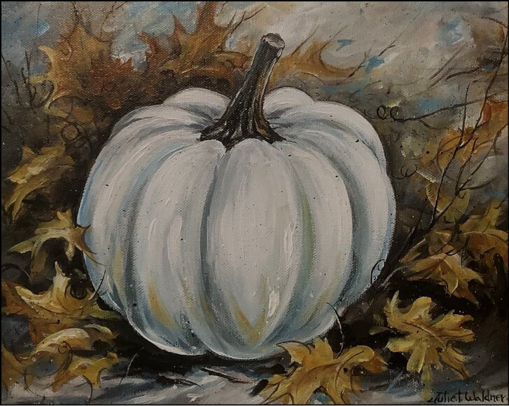 Julie Waldner&rsquo;s latest artwork, including this painting titled &quot;Rockin&rsquo;  the White Pumpkin,&quot; will be included in the Fall Open House at her Iroquois, S.D., studio Sat., Oct. 19. Waldner is well known for her detail in painting the outdoors and pheasant hunting scenes.