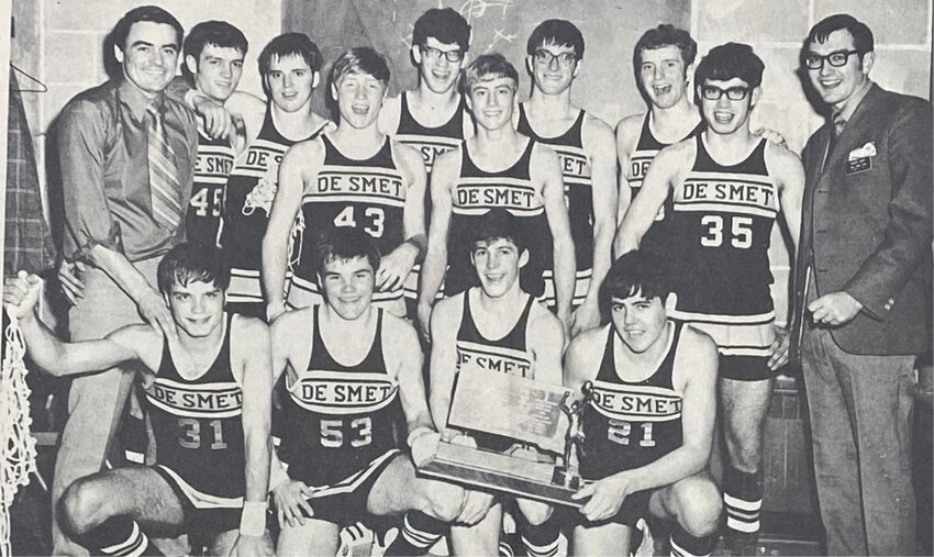FIFTY-FIVE YEARS AGO: State &ldquo;B&rdquo; champion Bulldogs: Coach Larry Luitjens, back left, Randy Jencks, Dave Andrisen, Marvin McCune, Richard Schardin, Mike Coughlin, Terry Long, Gary Goreham, Pat Rodney, Assistant Coach Arden Rapp; Rick Tibbetts, front left, Glenn Klinkel, Les Kracht and Rod Kretchmer.