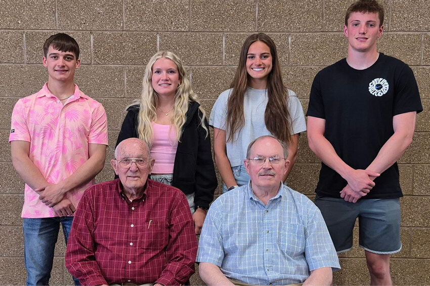 Entringer scholarship winners Gannon Gilligan, back left, and Alyssa Asleson; Senior Athletes of the Year Mirra Beck and Ganon Henrich and Boosters of the Year Merle Klinkel, front left, and Jeff Hed. The McCune Family Scholarship went to Asleson and Payton Botkin. Wilkinson Family Scholarship went to Henrich and Beck. Munger Family Scholarship went to Asleson and Henrich. George Mollner Scholarship went to Ganon Henrich. The Olson Sacrifice Scholarship went to Payton Botkin and Tanner Tolzin.