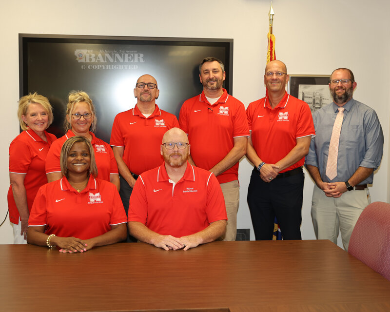 McKenzie Board of Education Members (L to R) Front Row: LaShonda Williams, chairman; and Chad Brown, vice-chairman. Back Row: Karen Fowler, Misty Aird, Bobby Young, George Cassidy, Spiros Roditis, and Dr. Justin Barden, director of Schools.