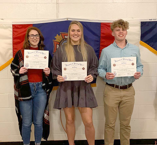 Winners of McKenzie VFW Post 4939&rsquo;s Voice of Democracy speech contest (L to R): Second Place &mdash; Olivia Henderson; First Place &mdash; Anna Callahan; Third Place &mdash; Chase Webb.