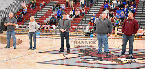 Board members were recognized on the court between Friday night&rsquo;s high school basketball games. Pictured are (L to R): Chairman William Robinson, Legislative Liaison Misty Mitchell, Vice-Chairman Mike Foster, Patrick Lindsey and Treasurer/Secretary Kyle Foster.
