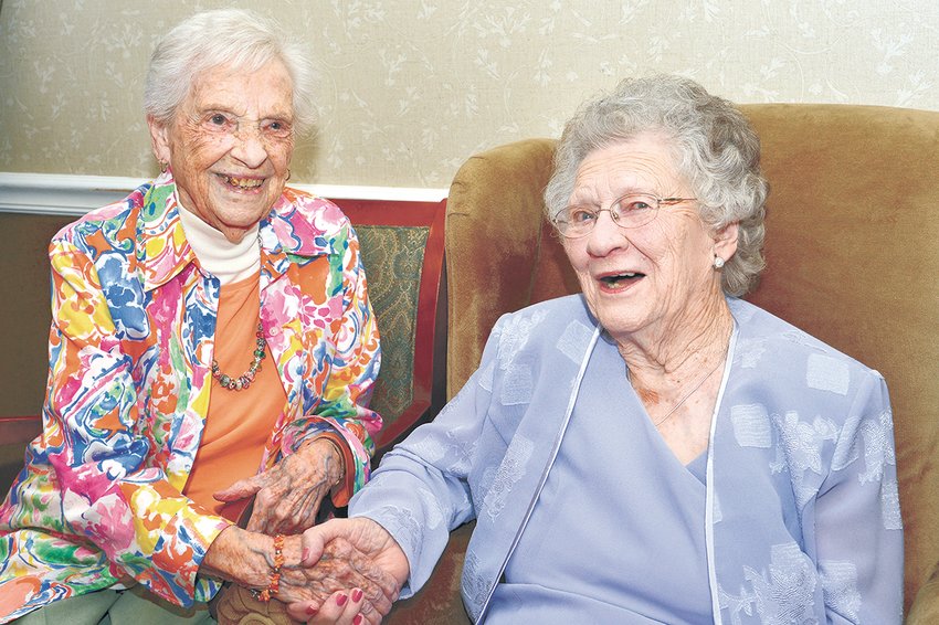 At 100 in 2015, Lanier Mabry (foreground) and the late Sue Kelley, both were teachers and lifelong friends.