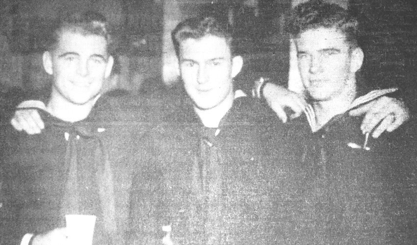 Max Manley (center) with Navy buddies during World War II.