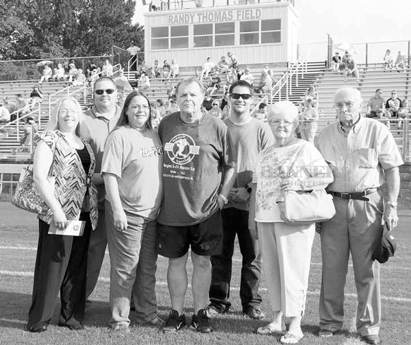 In 2016, Rebel Field was renamed in Randy Thomas&rsquo;s honor. Coach Thomas was joined by his family. Sister in law, Lesa Foust, son, Jeremy, wife, Derrinda, Coach Thomas, son, Daniel, mother, Cleatous, father, Jimmy.