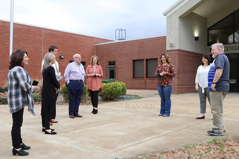 Huntingdon School Board members and school administrators toured the three school sites as part of their annual Joint Venture. Pictured are: HSSD Director Pat Dillahunty, Morgan Butler, Director-elect Jonathan Kee, Tim Tucker, Brittany Foster, Shawna Smith, HPS Principal Christy Carey and Board Chairman Lee Carter in front of Huntingdon Primary School.