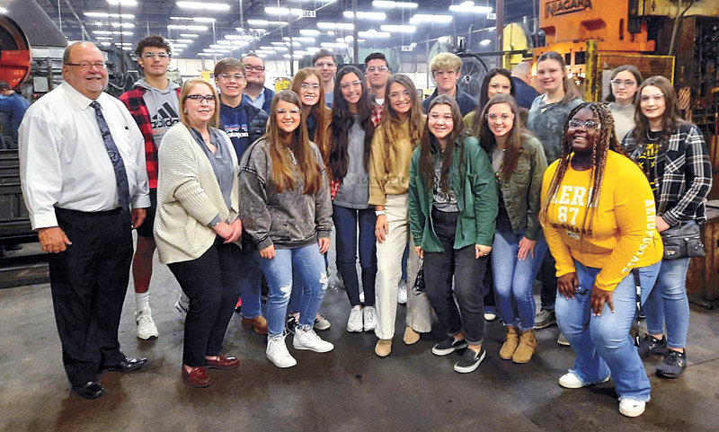 Students touring Haven Steel Products, Inc. &mdash; Front Row (L to R): Haven Steel Products Accounting/HR Manager Carol Holt, Jaden Barton, Lindsey Sanders, Isabelle Wright, Dani Dyer, Campbell Cary, Kaylan Belew and Faith Pearson. Back Row (L to R): Chamber President Brad Hurley, Andrew Cole, Aden Hutcherson, Jonathan Williams, Joseph Troy Moore, Seth Edwards, Landon Hall, Shelby Swinford, Kyleigh Scott, Brenda Bissen and Nicole Templin.