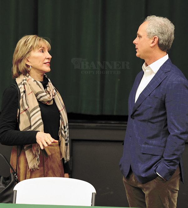 McKenzie Mayor Jill Holland speaks with State Senator John Stevens following the Friday forum hosted by the Carroll County Chamber of Commerce.