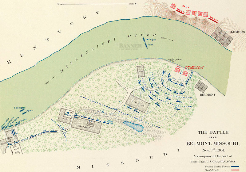 Civil War map depicting Union and Confederate troops at the Battle of Belmont.