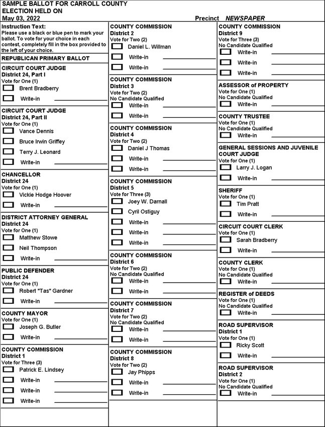 Sample Ballot - Carroll County Tennessee, May 3 primary