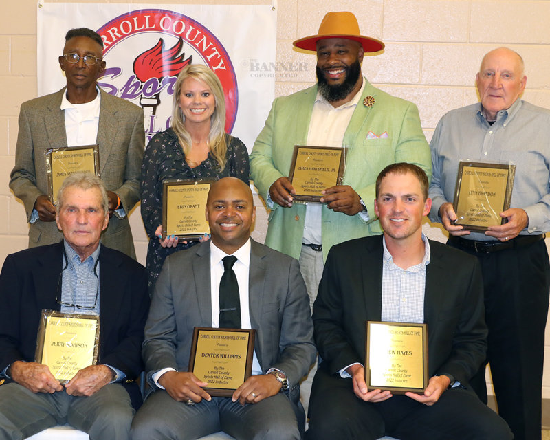 2022 Hall of Fame Inductees (L to R) &mdash; Jerry Robison, Dexter Williams and Drew Hayes. Back Row: Charles Porter representing his late nephew, James Arthur Harris, Erin Grant, James Hartsfield, Jr. and Lynn Brandon.