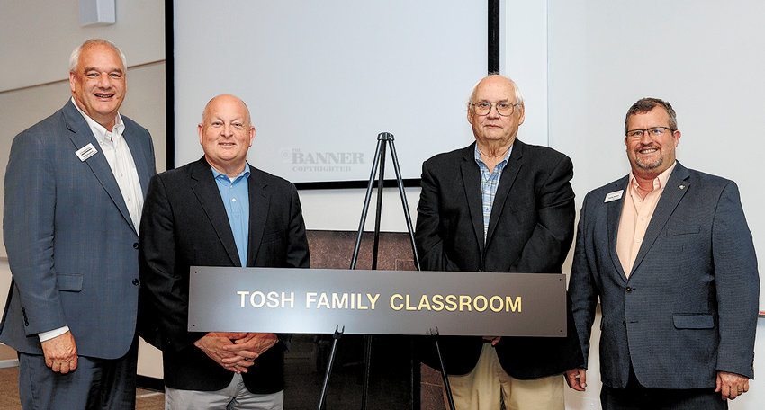 The &ldquo;Tosh Family Classroom&rdquo; was official named in honor of James &ldquo;Jimmy&rdquo; Tosh and his family during a naming event May 5 in Room 258 of UT Martin&rsquo;s Brehm Hall. The classroom was named in recognition of his generous commitments to the University of Tennessee and UT Martin.  Pictured following the naming program are (L to R) Dr. Charley Deal, vice chancellor for university advancement; Dr. Keith Carver, chancellor; Tosh; and Dr. Todd Winters, dean, College of Agriculture and Applied Sciences.