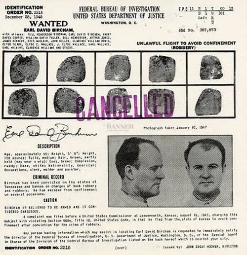 The FBI card on Earl David Birchem. It included his finger prints and mug shot from his booking into the Tennessee Prison System.