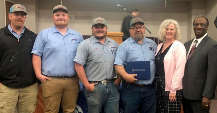 Mr. Andy Tackitt, Mr. Caleb Estes, Mr. James Smith, Mr. Jamie Smith (all from Smith and Sons Heating/Air) are pictured with Dr. Jan Latimer, Vice President of TCAT McKenzie, and Mr. Willie Huffman, TCAT McKenzie President.