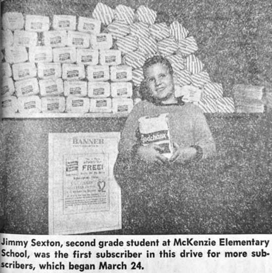 Jimmy Sexton receives the first five-pound bag of sugar from the McKenzie Banner&rsquo;s subscription drive.