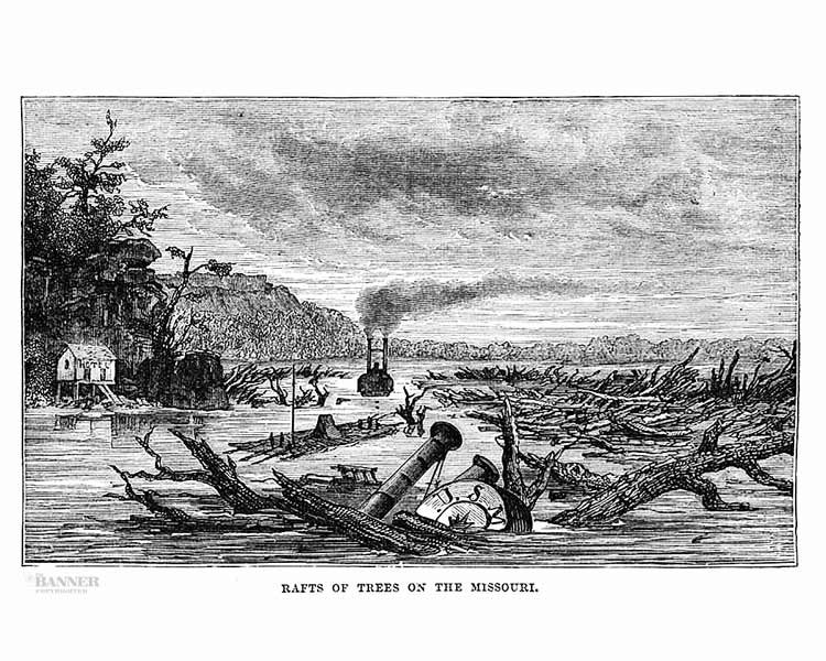 Sketch of logs floating down the Missouri River following the New Madrid Earthquakes of 1811-12.