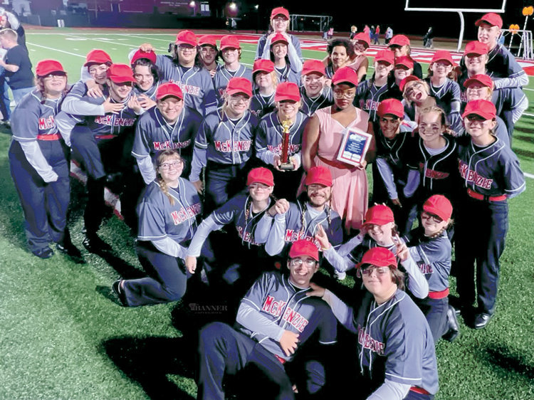 McKenzie&rsquo;s Marching Rebels celebrate their fifth place win.