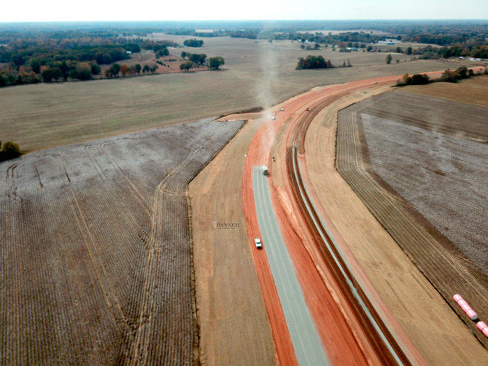 LOOKING SOUTH &mdash; A drone photograph taken southward shows roadwork on the first leg of the U.S. Hwy 79 (S.R. 76) widening project.  The 4.8 mile stretch of roadway starts at Cades-Atwood Road in Gibson County and runs to the east of State Route 77 in Carroll County is scheduled to be completed in May of 2025.