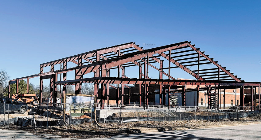 The steel is being erected for the new chapel on the McKenzie campus of Bethel University.