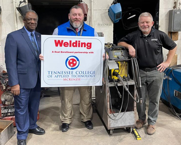 Willie Huffman, President of the McKenzie Technology College, Joe Norval, principal of CCTC, and Mitchell Whitworth, CCTC Welding Instructor.
