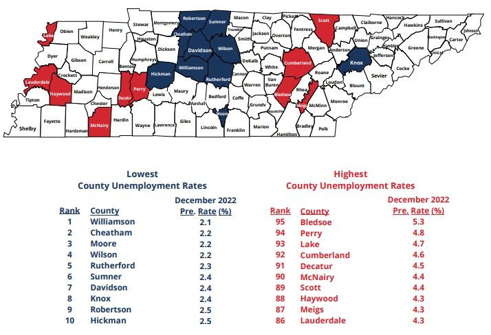 December 2022 Unemployment Map for Tennessee