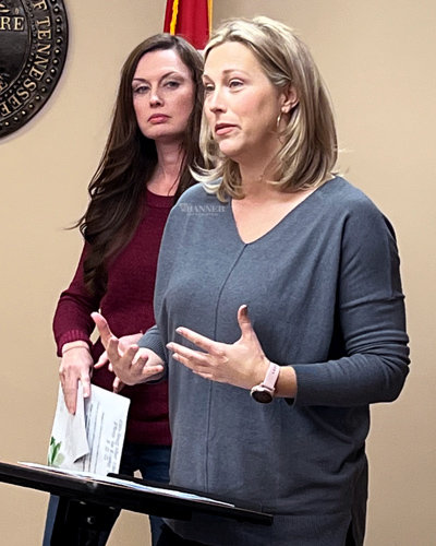 Lori Dillahunty (right) and Krystal Tippitt (left) spoke to members of the Carroll County Commission about the Carroll County Inclusion Park.