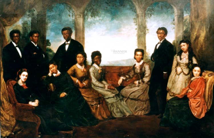Portrait commemorating the Fisk Jubilee Singers&rsquo; performance before Queen Victoria. Painted in 1873 by Edmund Havel, the queen&rsquo;s court painter, it depicts, left to right (men): Benjamin Holmes, Isaac Dickerson, Thomas Rutling, and Edmund Watkins; left to right (women): Mabel Lewis, Minnie Tate, Ella Sheppard, Jennie Jackson, Julia Jackson, Maggie Porter and Georgia Gordon.