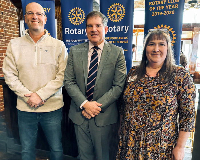 HCMC Executive Speaks to Rotary (L to R): Spiros Roditis, John Tucker, and Kathy Ham. Tucker is the CEO of Henry County Medical Center. Roditis and Ham are the vice-president and president of the Rotary Club of McKenzie, respectively.