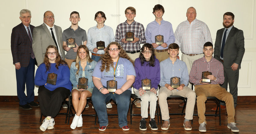 ACT Honorees Who Scored 29 or Above &mdash; (L to R) Front Row: Leah Atkins (Huntingdon), Jenna Magee (Huntingdon), Megan Foster (Clarksburg), Jacob Beaty (Clarksburg), Ty Kelley (Huntingdon), and Matthew Garriott (McKenzie). Back Row: Walter Butler (president of Bethel University), Brad Hurley (president of Carroll County Chamber of Commerce), Nathan King (home schooled), Xander Walker (Bruceton), Nathan Price (McKenzie), Keller Smith (Huntingdon), Chuck Sisson and Joseph Butler (mayor of Carroll County). Not Pictured: John Carlin Crouse and Bailee Jernigan.