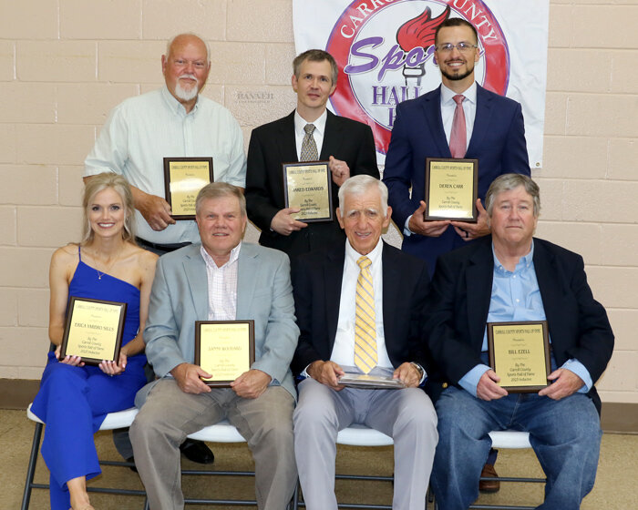 Inductees &mdash; Front Row (L to R): Erika Sills, Danny Woodard, Jerry Escue and Bill Ezell. Back Row (L to R): Manuel Crossno (accepting for his late brother), Jared Edwards and Derek Carr. Not pictured is David Hale.