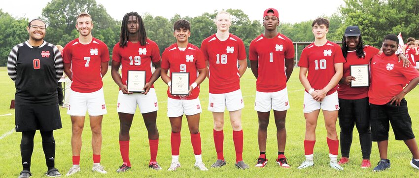 All-District members are: Luis Tellez, Stafford Roditis, Rashad McCreary (Defense MVP), Jesse Calderon (Offense MVP), Maddox Martin, Camden Allison, Skyler Fornera. Coach Karlene Brown was honored as the District Coach of the Year and her son, Lamar. Photo courtesy of Carol Nanney.